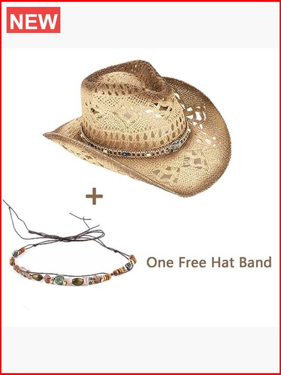 Straw Cowboy Hat with Two Decorative Bands, Breathable Handmade Sun Hat